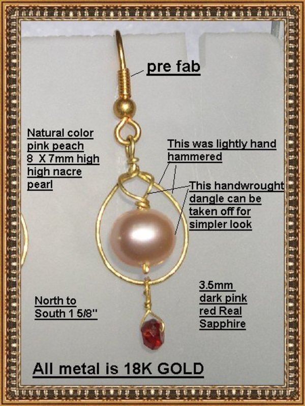 18K Gold Handmade Earrings Pink Peach Pearl Sapphires