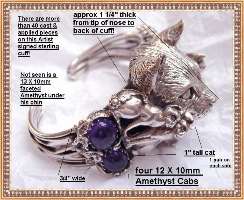 Bob Stringer Sterling Silver Cat Cuff Amethyst Bench