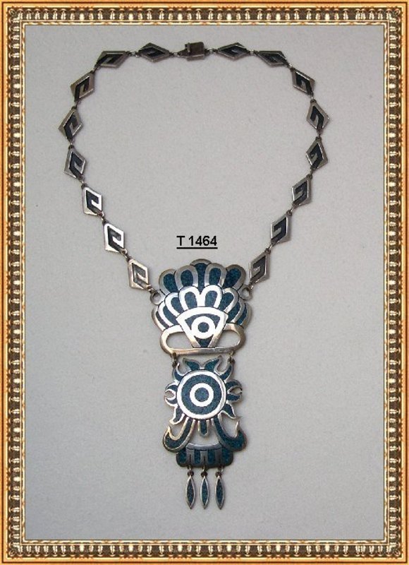 Vintage Sterling Silver Bold Taxco Mexico Inlay Necklace TC-14