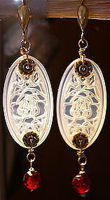 Sterling Etched Opal Floral Art Glass Faceted Red Earrings