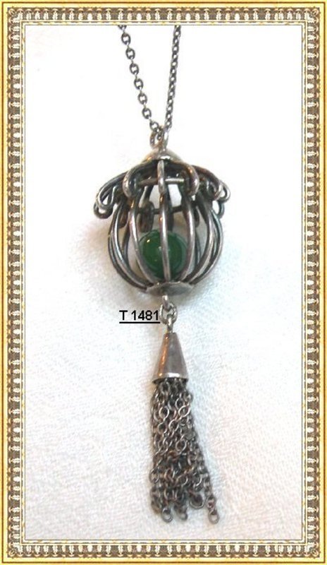 Vintage Unmarked Jade Orb in Sterling Silver &quot;Cage&quot; Necklace