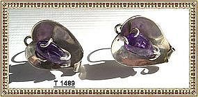 Vintage Signed JV Hecho en Sterling Silver Amethyst Leaf Earrings