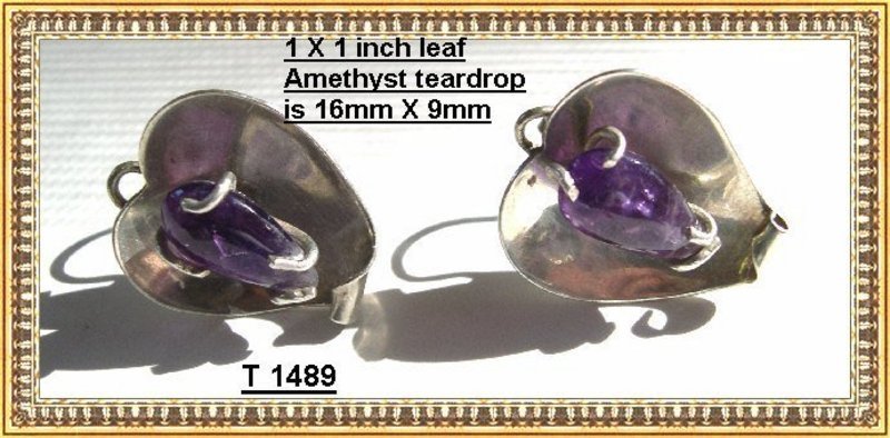 Vintage Signed JV Hecho en Sterling Silver Amethyst Leaf Earrings