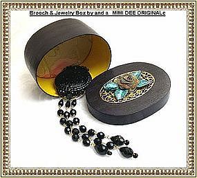 Signed 'Victorian' Long Black Glass Brooch Jewelry Box