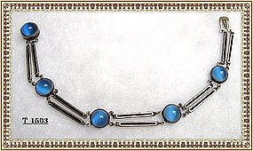 Vintage Art Deco Sterling Bracelet Blue Glass Enamel