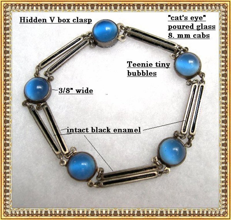 Vintage Art Deco Sterling Bracelet Blue Glass Enamel