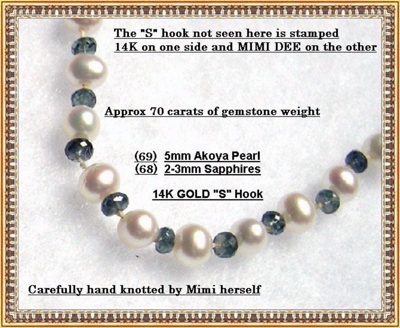 Signed 14K Gold Akoya Pearl Sapphire Necklace Strand