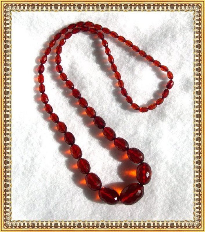 Antique Cherry Red Necklace Strand Faceted Barrel Clasp
