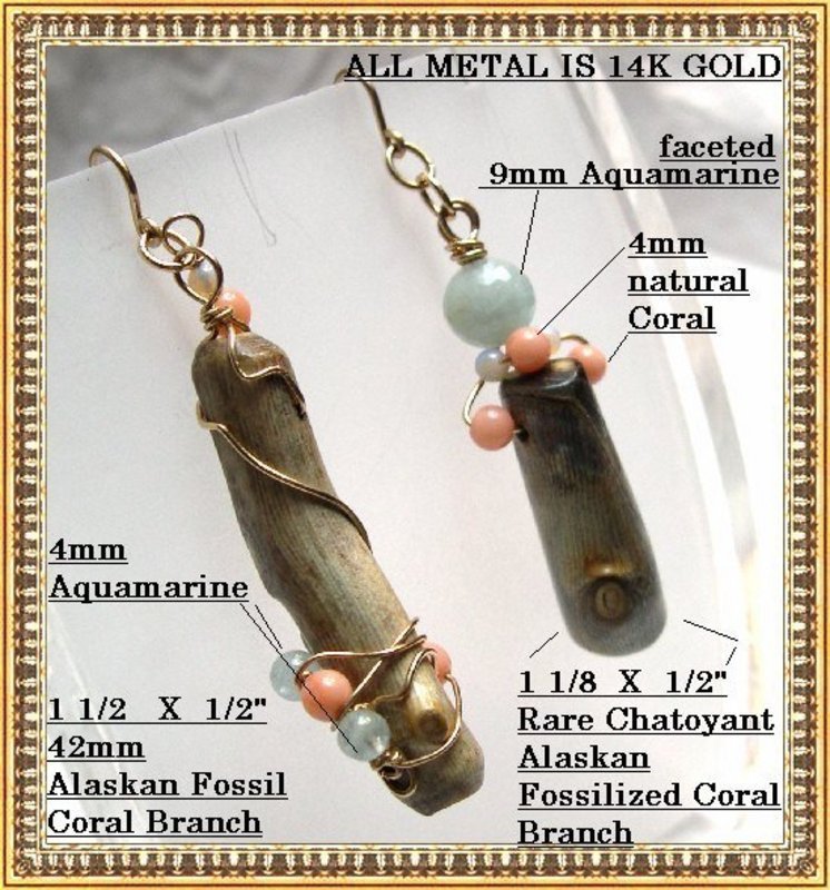 Signed Mimi Dee Studio 14K Gold Earrings Alaskan Fossil Coral Branch