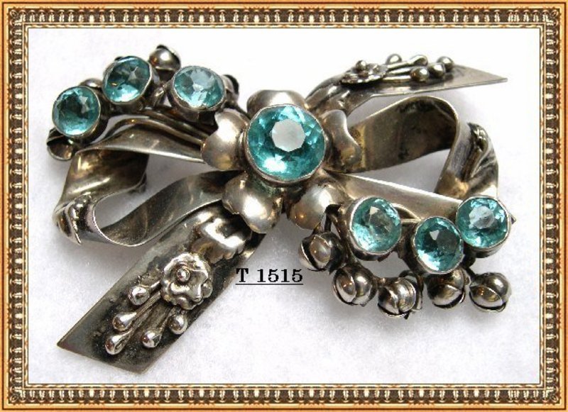 Vintage Hobe Sterling Silver Bow Pin Aquamarine Glass