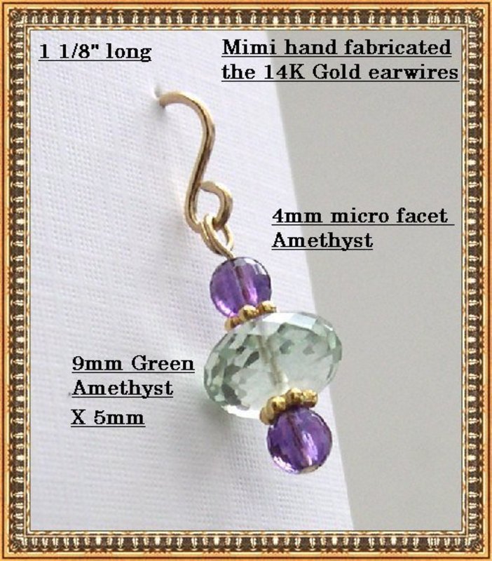 14K Gold Green &amp; Plum Faceted Amethyst Earrings