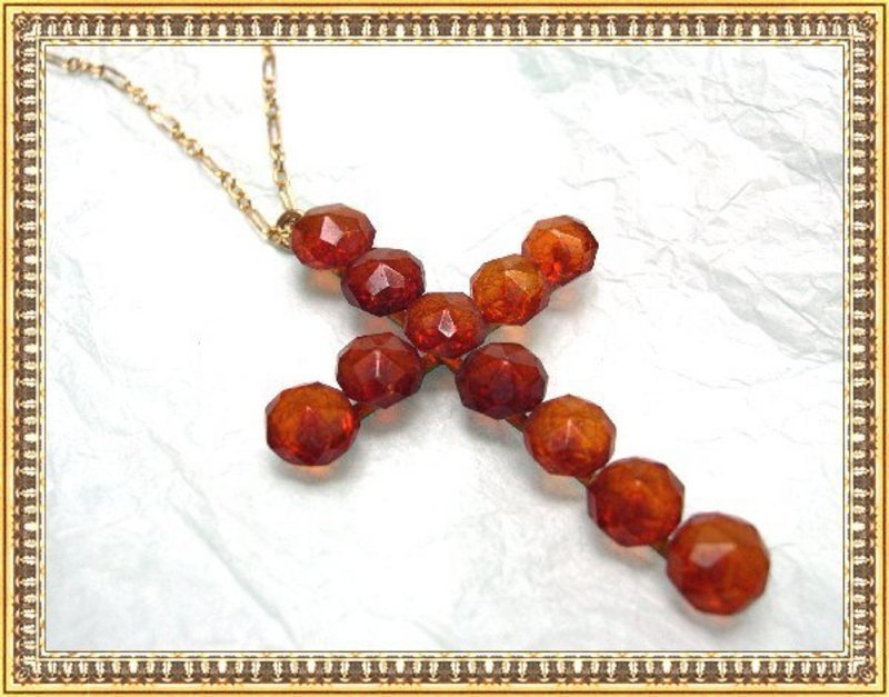 Victorian Carved Honey Amber Cross Necklace Gold Gilt