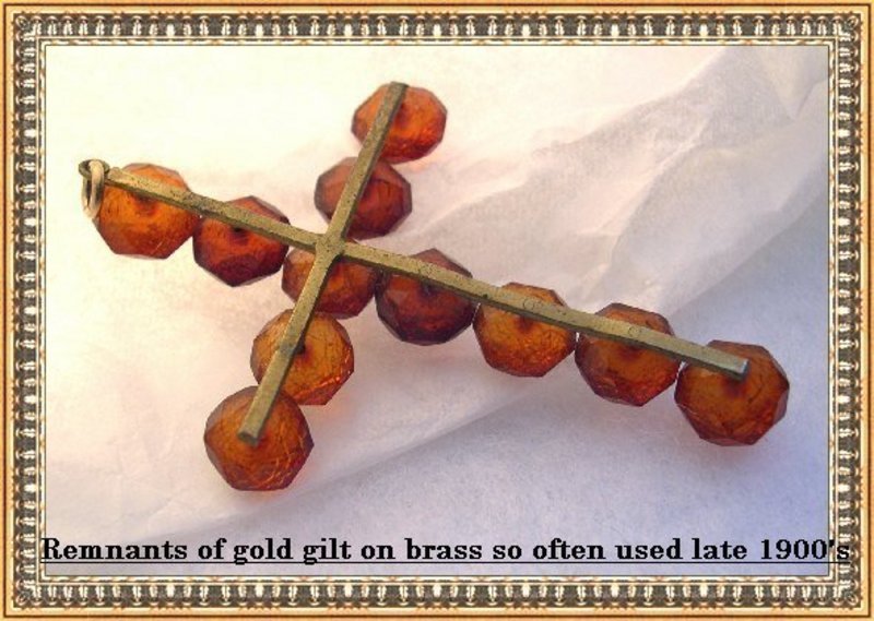 Victorian Carved Honey Amber Cross Necklace Gold Gilt