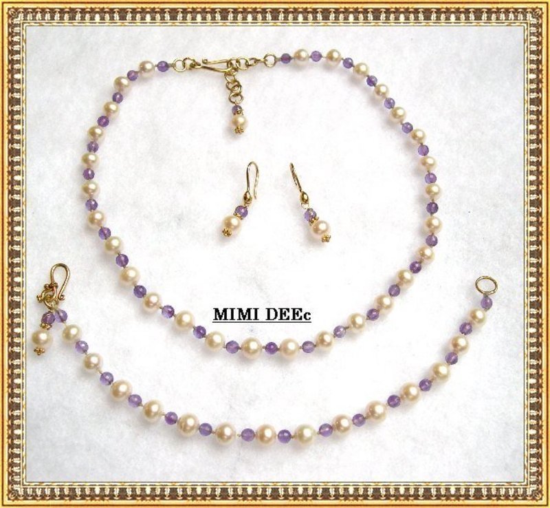 22K Gold on Sterling Pearl Amethyst Necklace Earring Set