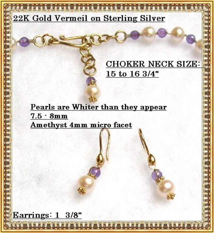 22K Gold on Sterling Pearl Amethyst Necklace Earring Set