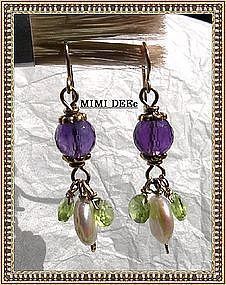 14K Gold Amethyst Coin Pearl Peridot Earrings Hand Made