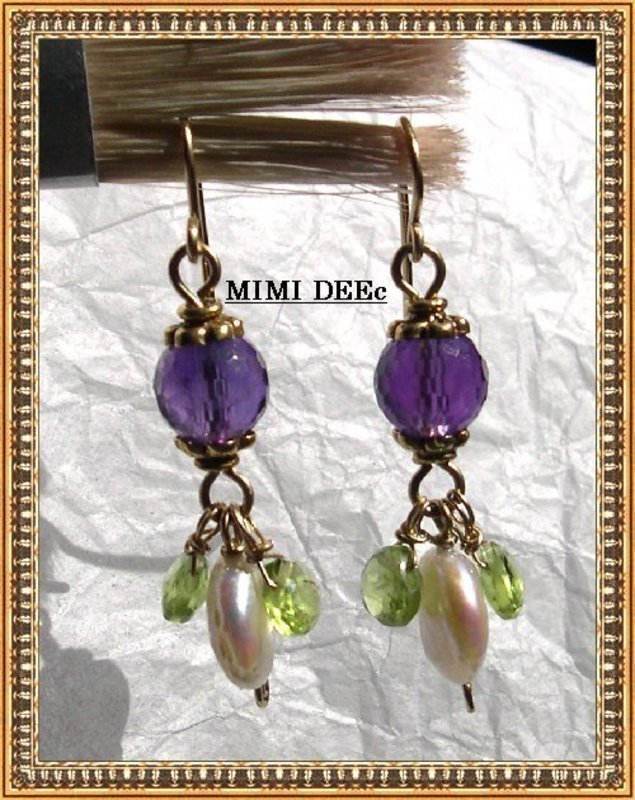 14K Gold Amethyst Coin Pearl Peridot Earrings Hand Made