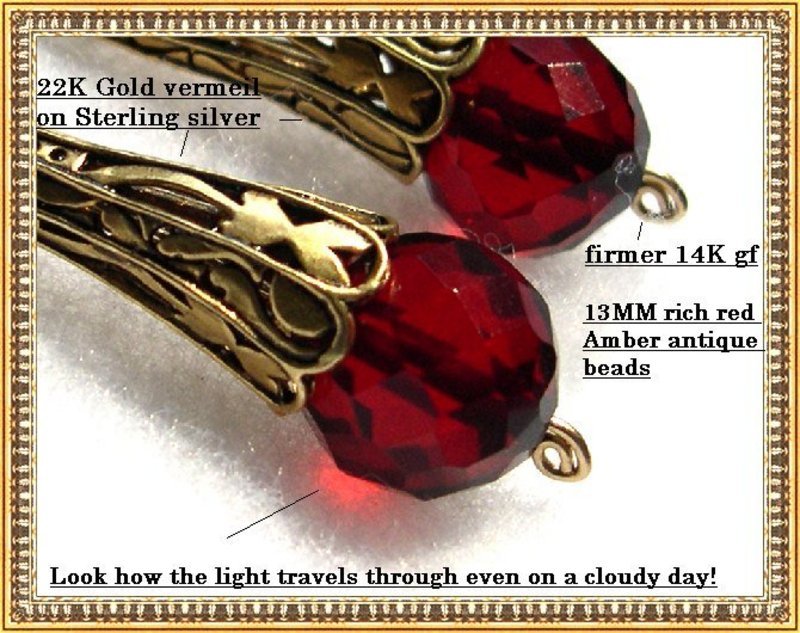 22K Vermeil Sterling Silver Rich Red  Bead Earrings
