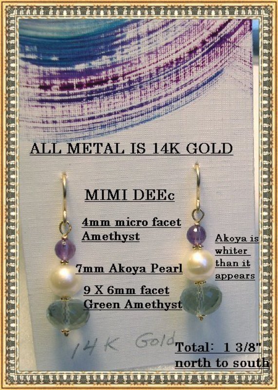14K Gold Plum &amp; Green Amethyst Akoya Pearl Earrings Bride