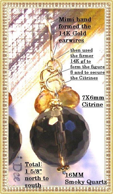 14K Gold Smoky Quartz Citrine Earrings by Mimi Dee