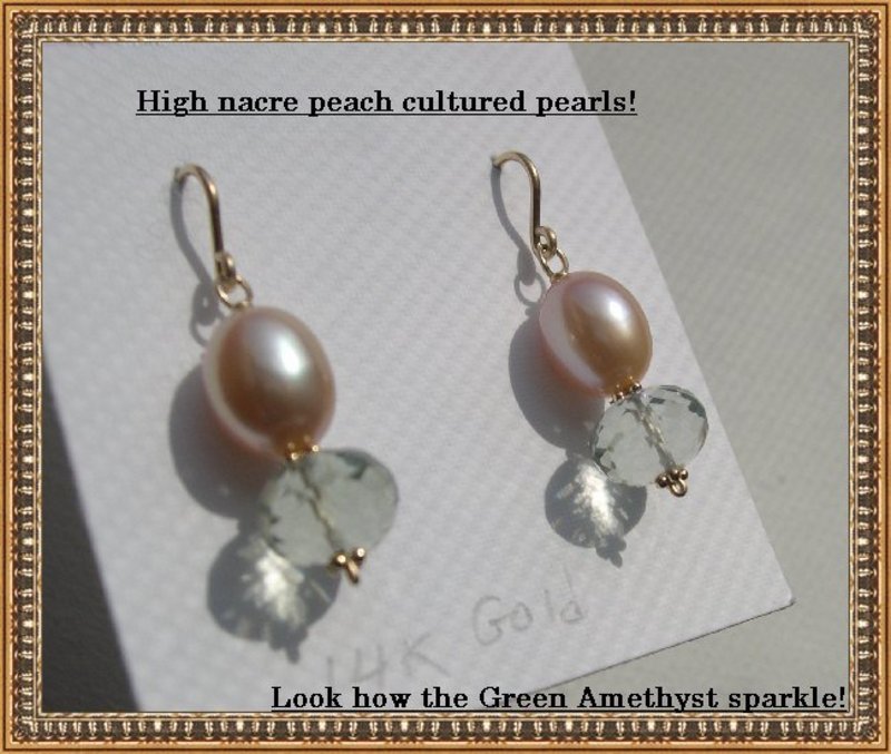 14K Gold Green Amethyst Peach Pearl Earrings Mimi Dee