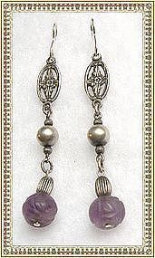 Vintage Sterling Silver Carved Amethyst or Jadeite Earrings