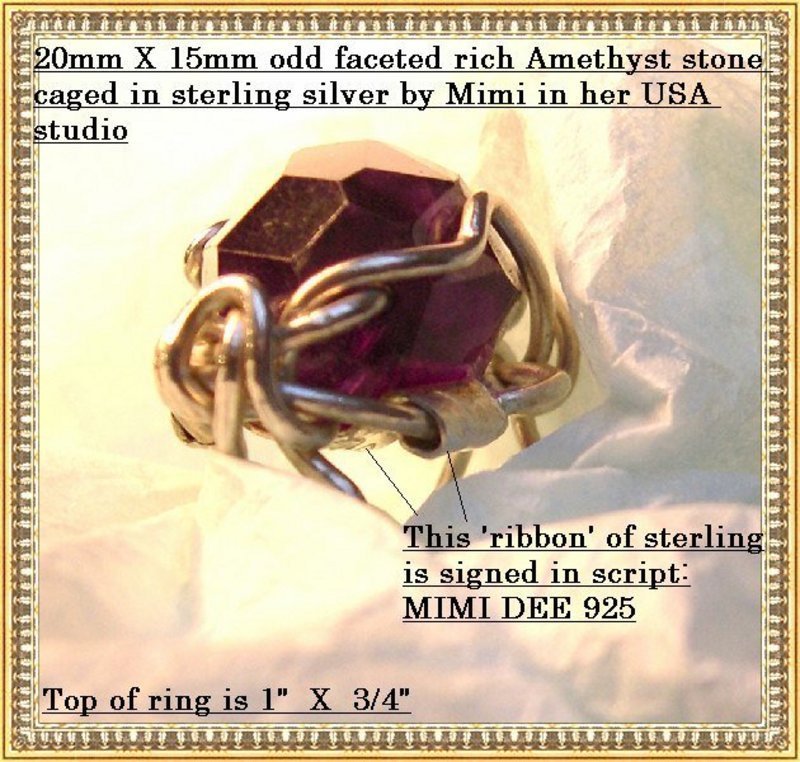 Signed Studio Sterling Silver Metalwork Ring Amethyst