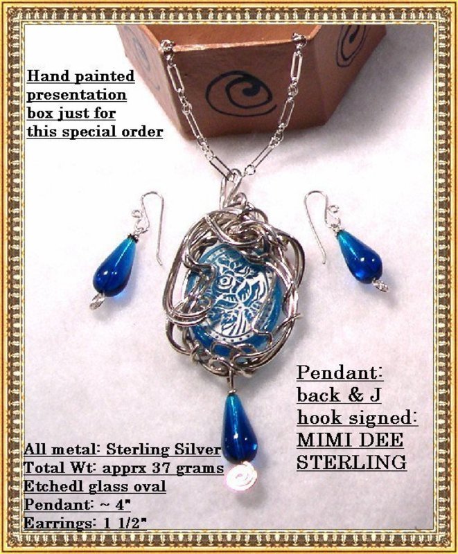 Signed MIMI DEE Sterling Etched Glass Necklace Set Box