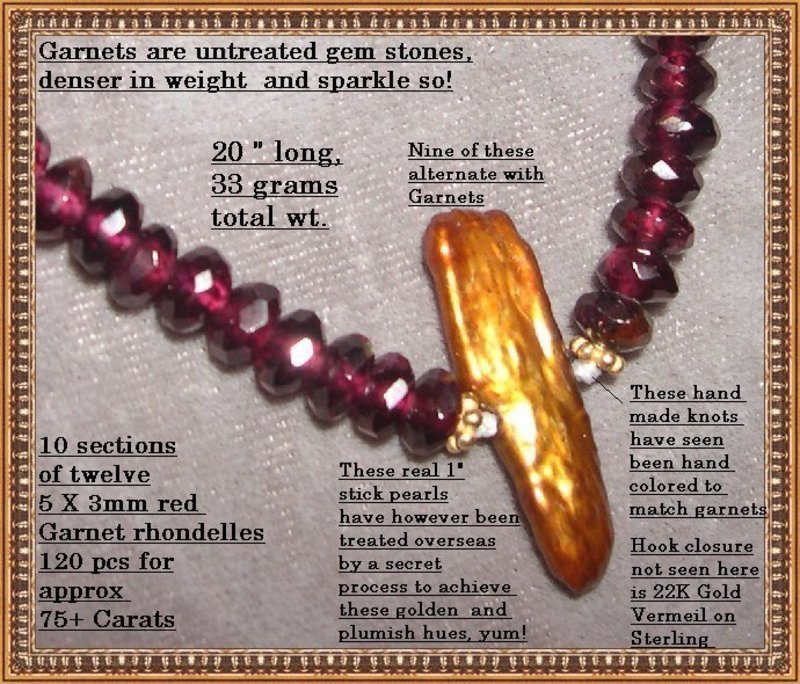 22K Gold Vermeil Red Garnet Necklace Strand Pearls