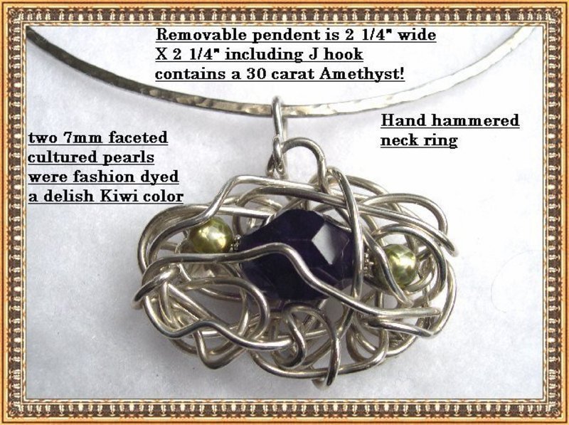Signed Sterling Silver Necklace Amethyst Handwrought