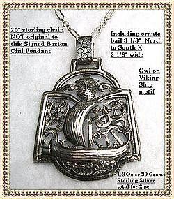 Vintage Boston Cini Sterling Silver Pendant Owl Ship