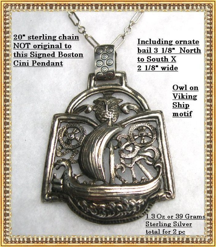 Vintage Boston Cini Sterling Silver Pendant Owl Ship