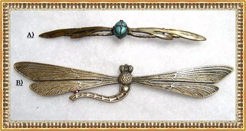 Vintage Art Nouveau Dragonfly Pin Duo Glass Scarab