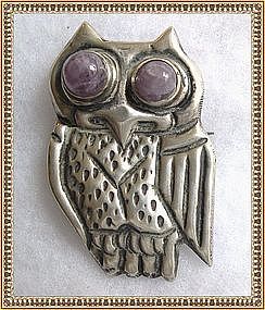 Vintage C 1940 Mexico Silver Owl Pin Amethyst Eyes