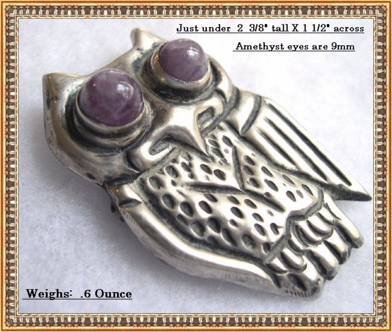 Vintage C 1940 Mexico Silver Owl Pin Amethyst Eyes