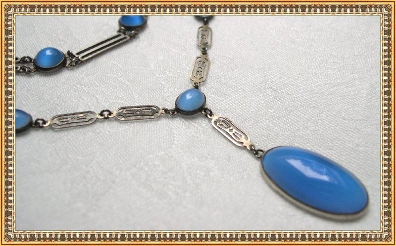 Vintage Art Deco Sterling Necklace Blue Glass Cabs