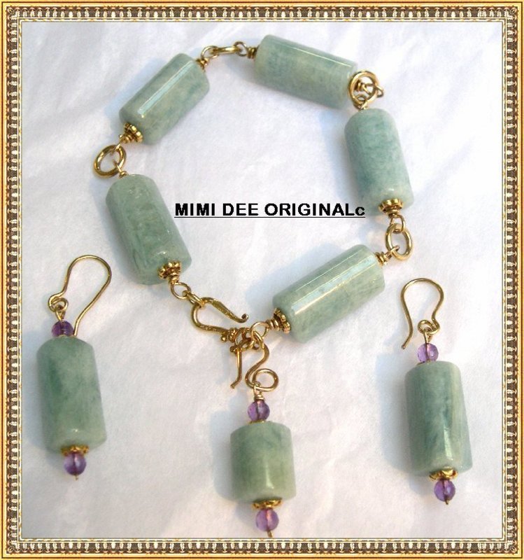 Signed Aquamarine Amethyst Bracelet Earrings Vermeil