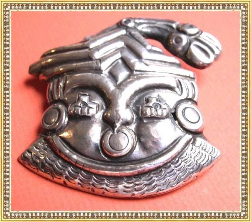 Vintage Mexico Sterling Silver Face Pin Man Mask Idol Bird