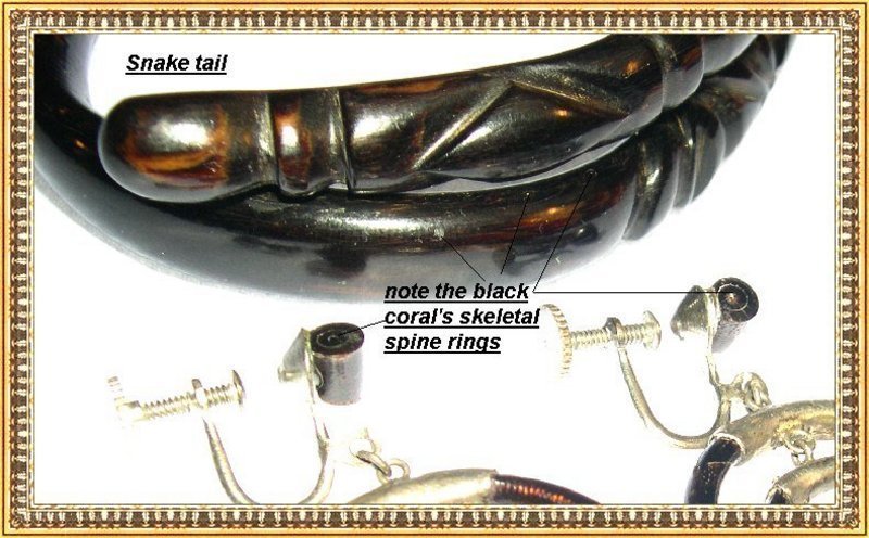 Vintage Carved Gold Black Coral Bypass Bangle Snake Bracelet