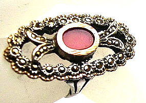 Vintage Art Deco 835 Silver Ring Marcasite Carnelian