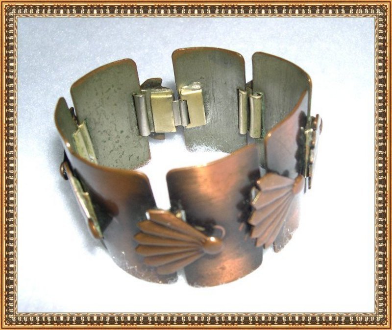 Vintage Copper Modernist Rebajes Bracelet Fan Motif Signed Links