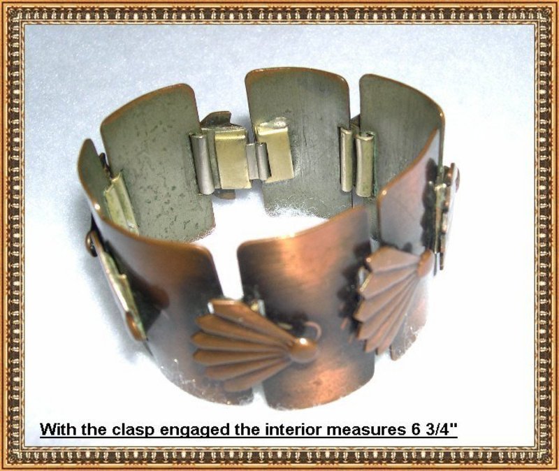 Vintage Copper Modernist Rebajes Bracelet Fan Motif Signed Links