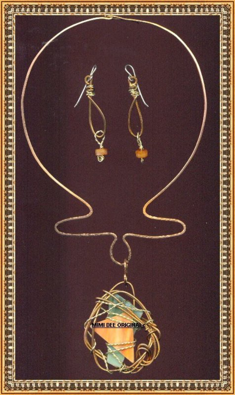 Signed Hammered Copper Sterling Slag Glass Necklace Set