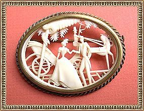 Vintage French Depose Celluloid Pin Victorian Scene