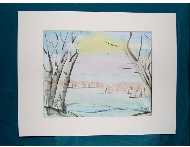 Signed Original Watercolor Drawing Painting Birch Trees