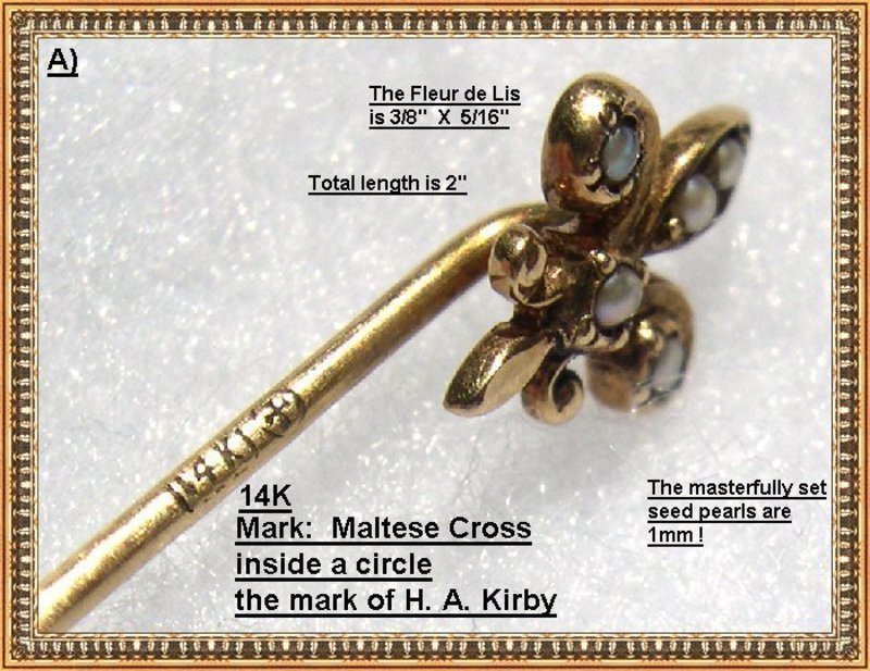 Vintage 14K Gold Stick Pin Duo, Signed Kirby, Fleur de