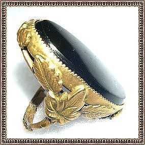 Vintage Signed Orlando Brass Ring Black Glass Foliate Knuckle