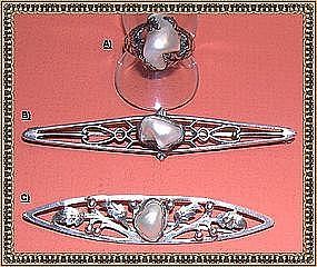 Vintage Arts Crafts Sterling River Pearl "CC" Pins Foliate Ring