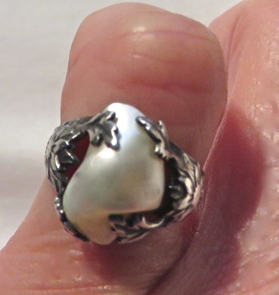 Vintage Arts Crafts Sterling River Pearl &quot;CC&quot; Pins Foliate Ring