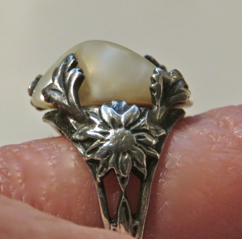 Vintage Arts Crafts Sterling River Pearl &quot;CC&quot; Pins Foliate Ring